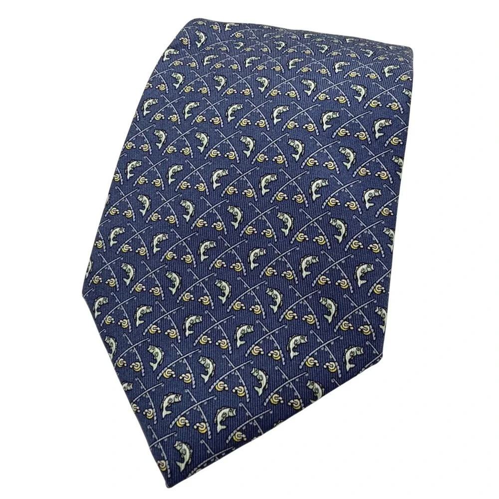 Vineyard Vines Necktie Mens One Size Blue Silk Fishing Trout Fly Rod Made in USA